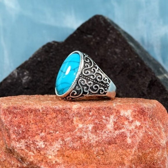 Peaks Jewelry Other - Kellian Scrolls Mens Size 8 Oval Blue Turquoise Etched Silver Ring Gift Boxed
